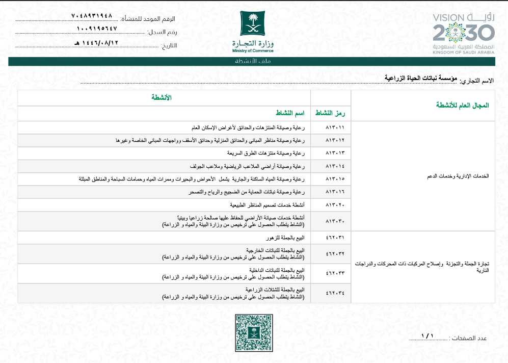 السجل التجاري لأنشطة تنسيق حدائق