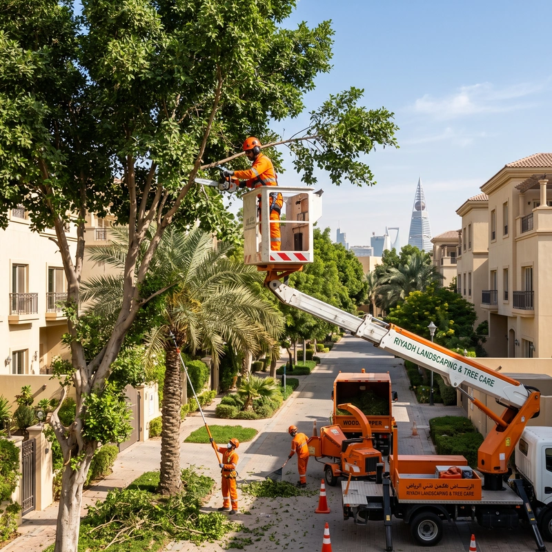 أشجار خضراء منسقة في مجمع سكني كبير بالسعودية
