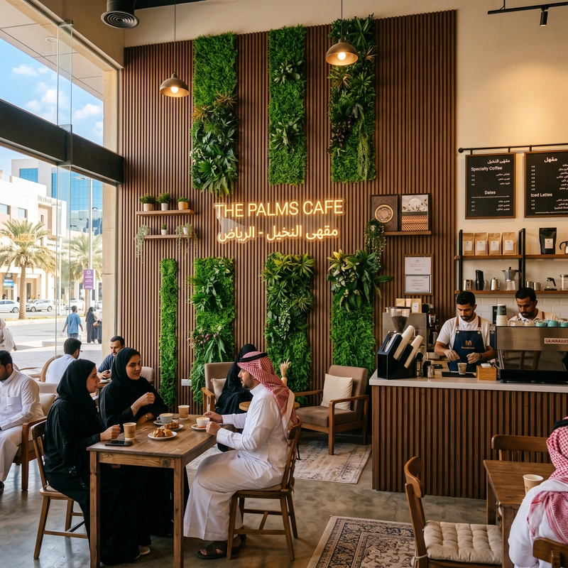 جدار أخضر زخرفي يزين مطعماً تجارياً راقياً في المملكة