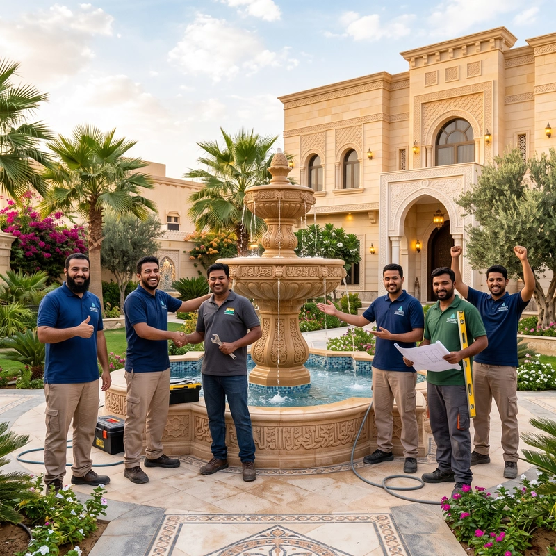 فريق متخصص يركّب أحجار شلال مائي في حديقة منزلية بالمملكة