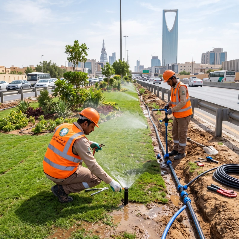 فريق متخصص يعمل بدقة واحتراف في حديقة منزلية بالمملكة